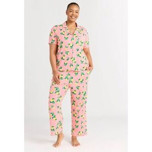 JOYSFUN Pink Lemon Print Pajama Set Women's XL Short Sleeve Button Down Pants